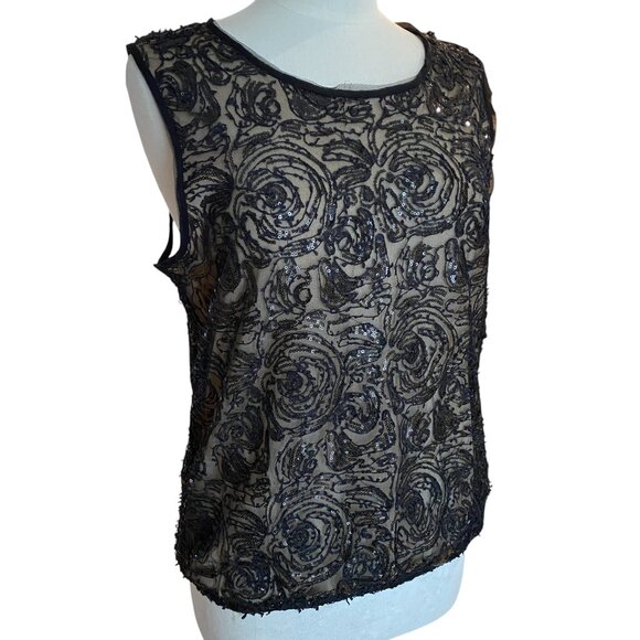Max Studio Sequin Lace 3D Sleeveless Top Black Coquette Whimsigoth Dark Fairy-M - Picture 8 of 16